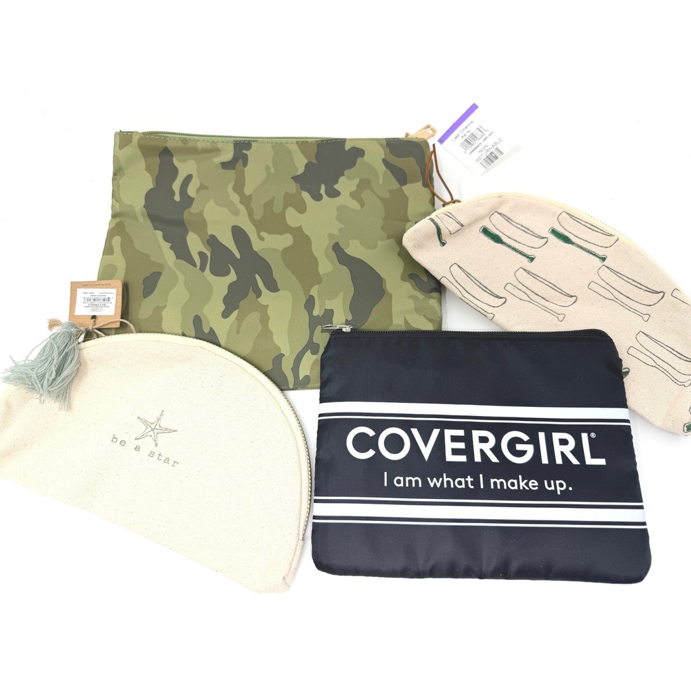 Lot of 4 Cosmetic Bags Camo Covergirl‎ Canvas Nautical Starfish Pouch Set NEW
